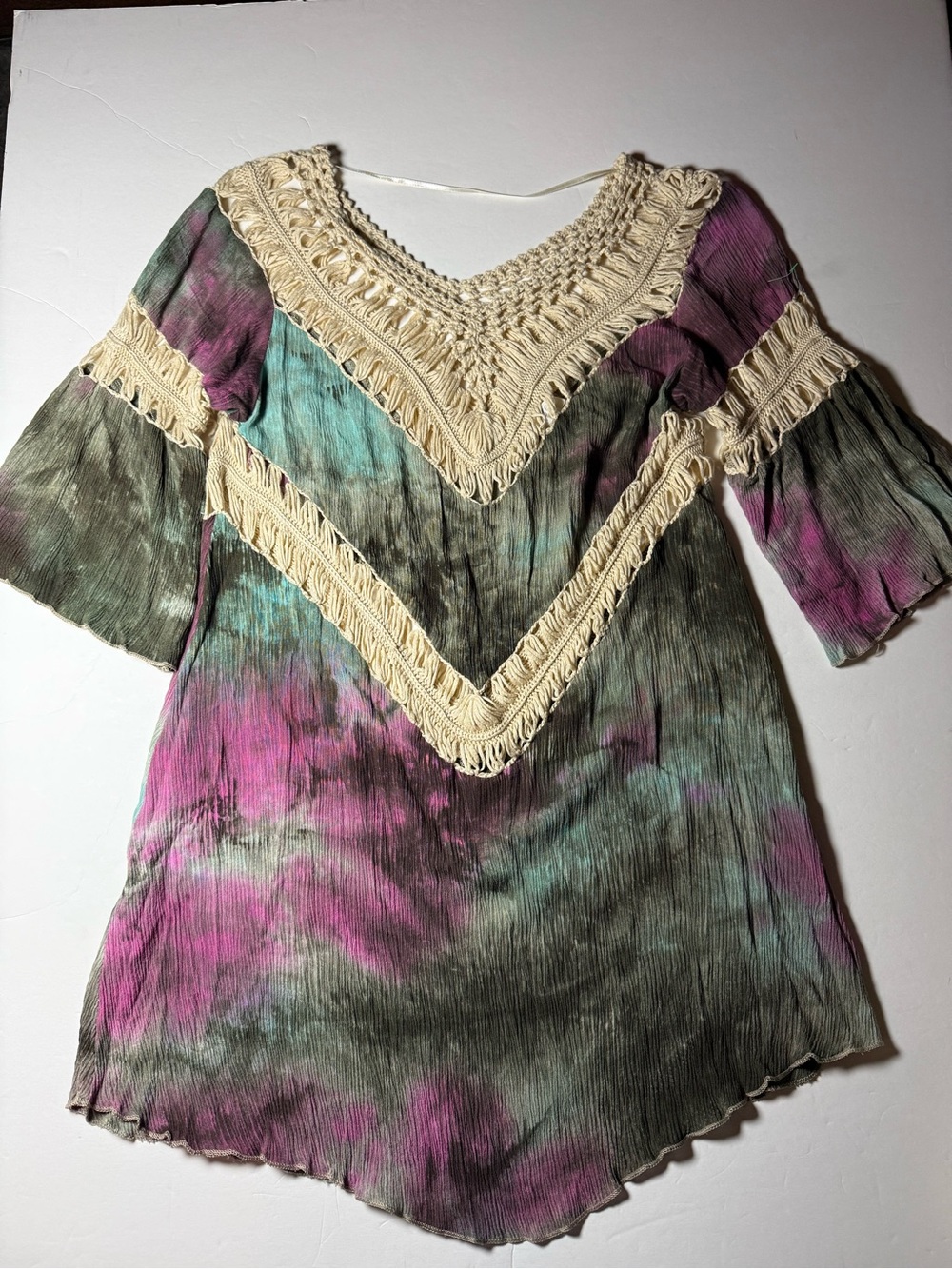 Umgee Crochet V-Neck Tie-Dye Tunic Top - Pink, Green, Cream